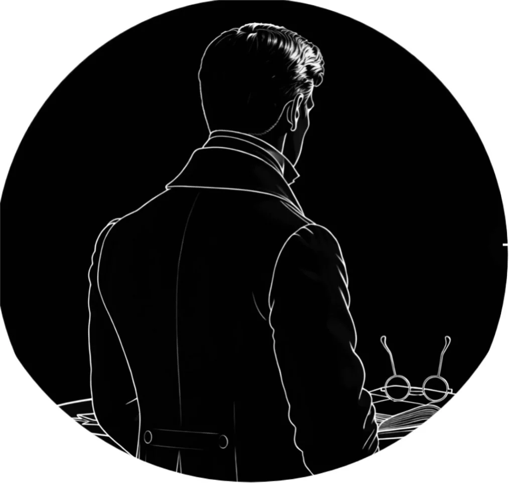 Line drawing of a man in a coat looking to the right, with glasses and books on a table in front of him.