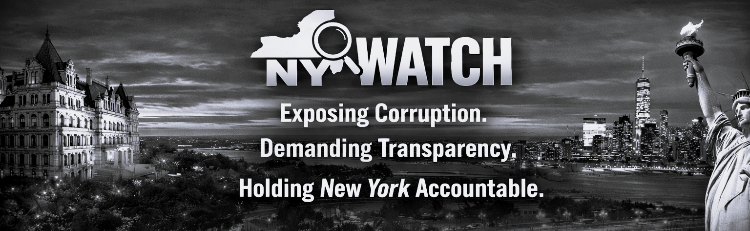 Black and white image of New York City skyline with the Statue of Liberty in the foreground and a historic building on the left. Text overlay promoting NY Watch with messages about exposing corruption, demanding transparency, and holding New York accountable.