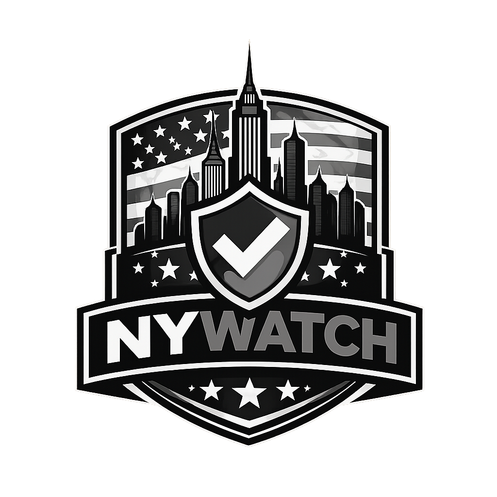A black and white logo with a city skyline, American flag background, shield with checkmark, and text 'NY WATCH' at the bottom.