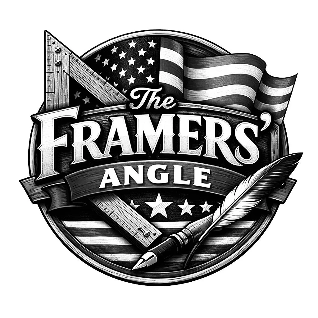 A black and white logo for 'The Framers' Angle' featuring a ruler, a pen with a feathered nib, a woodworking square, an American flag, and three stars.