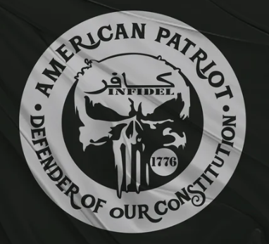 A circular emblem with a skull wearing a Viking helmet, a bandana with the words 'INFIDEL,' and the year 1776. The outer ring says 'AMERICAN PATRIOT' and 'DEFENDER OF OUR CONSTITUTION.'