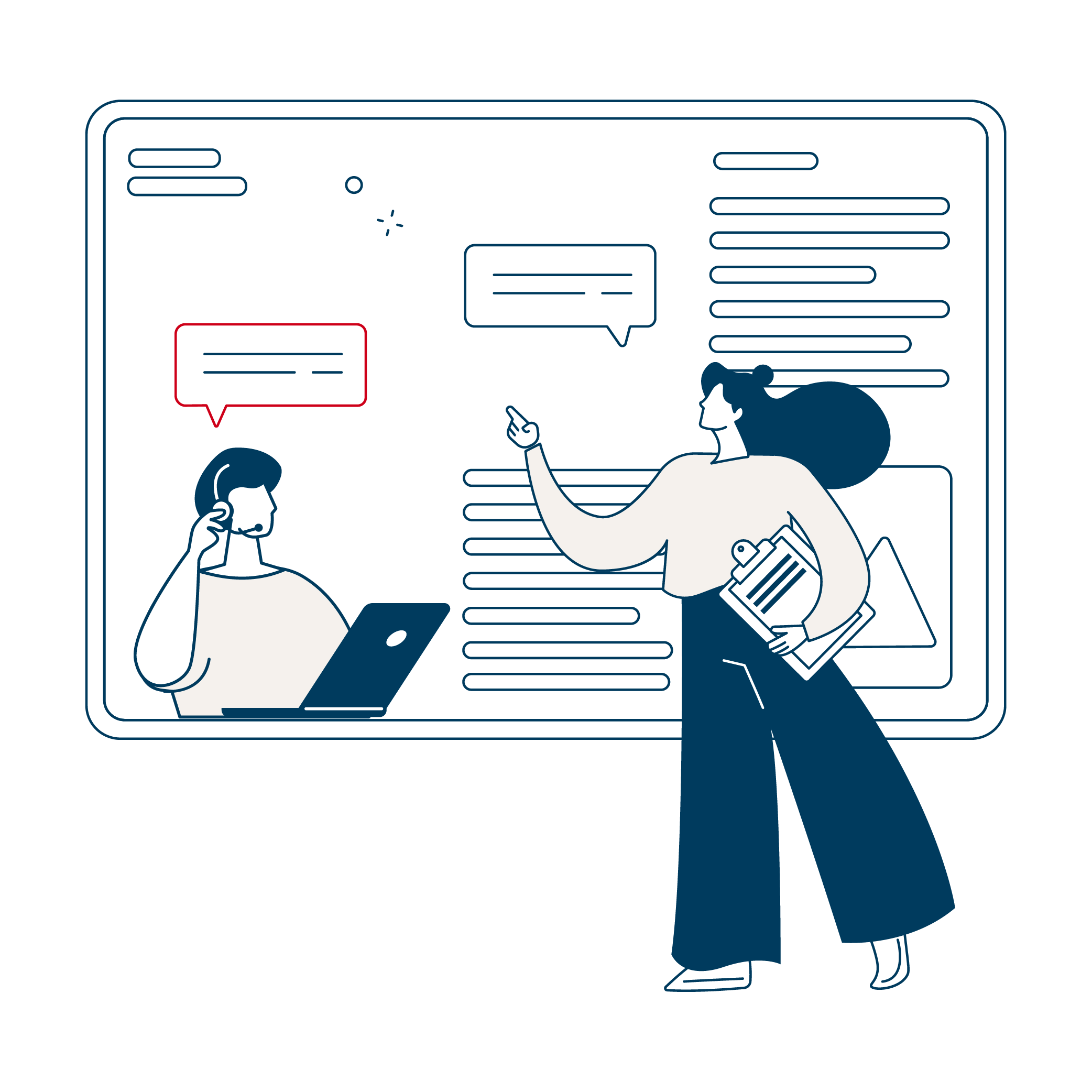 Illustration of two women engaging in a conversation on a large screen, one sitting with a laptop and headset, the other standing and gesturing, both surrounded by speech bubbles and lines of text.