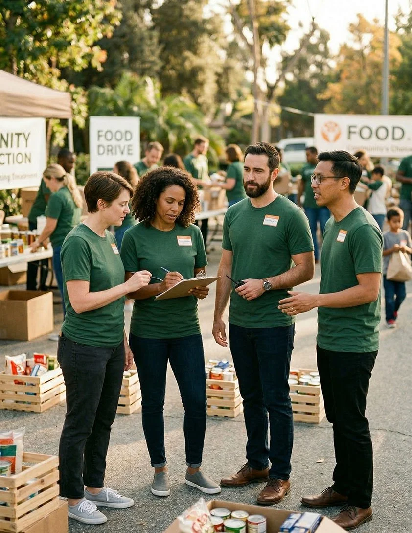 Four volunteers wearing green shirts standing in a row at a food drive event, with stacks of canned goods and a food drive sign behind them, in an outdoor setting with trees and other people in the background.