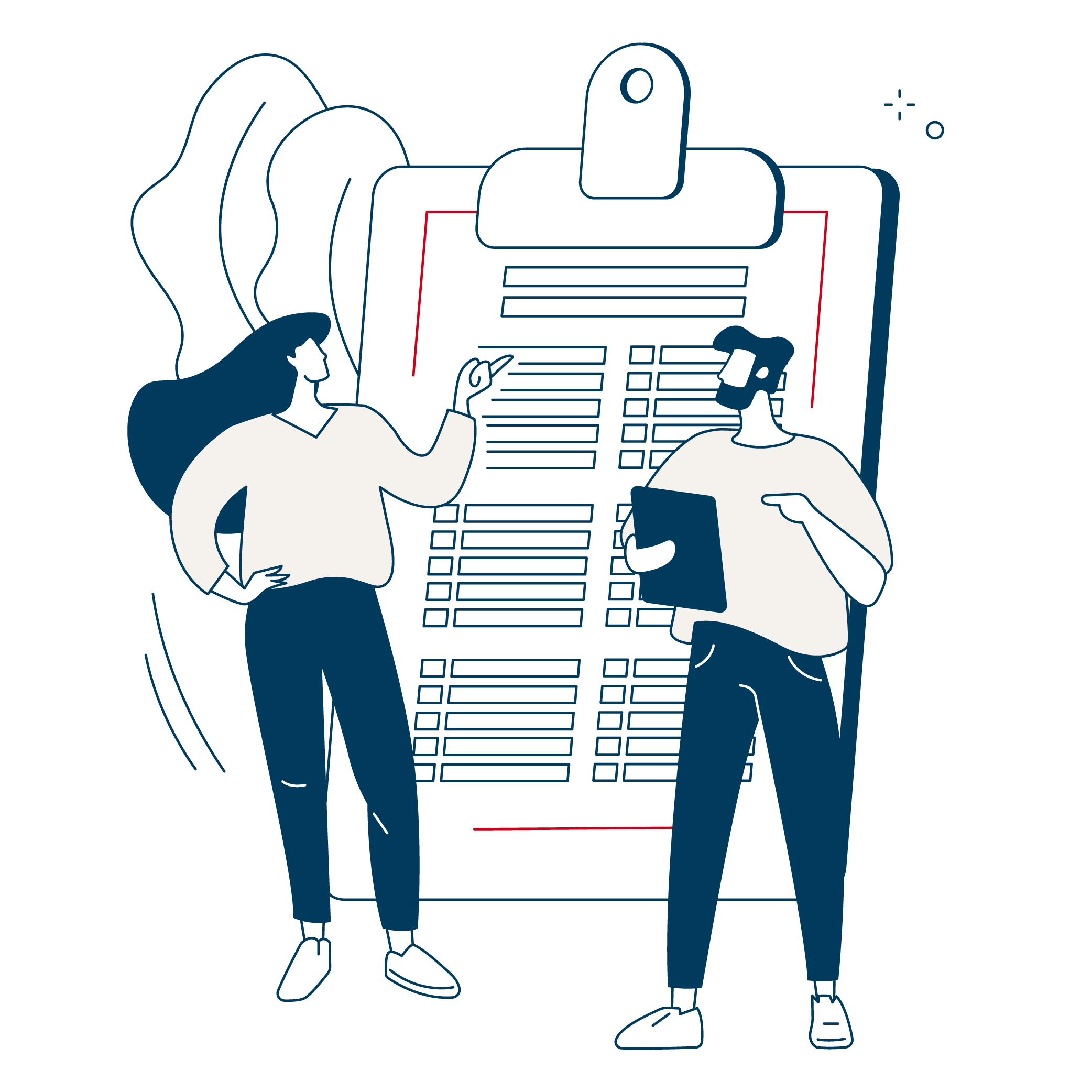 Illustration of a man and woman discussing a large checklist on a clipboard.