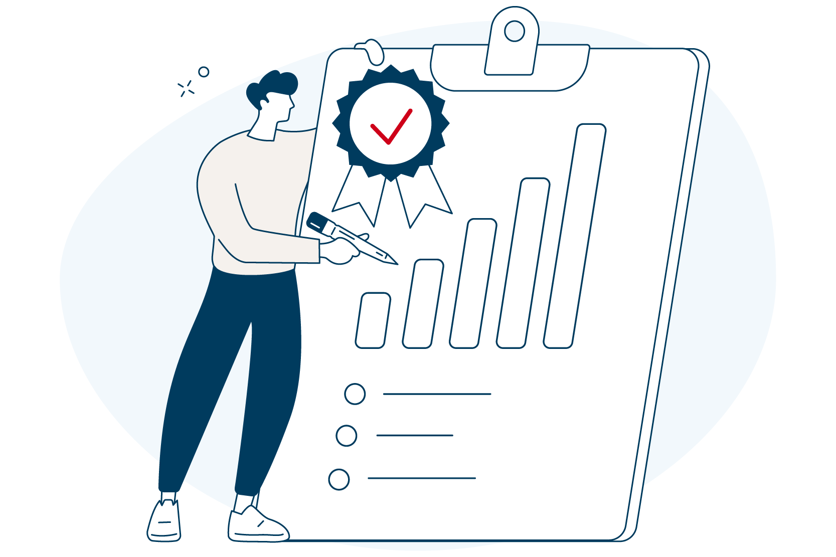 An illustration of a person holding a pen beside a large clipboard displaying a bar chart and checklist, topped with a verified badge.