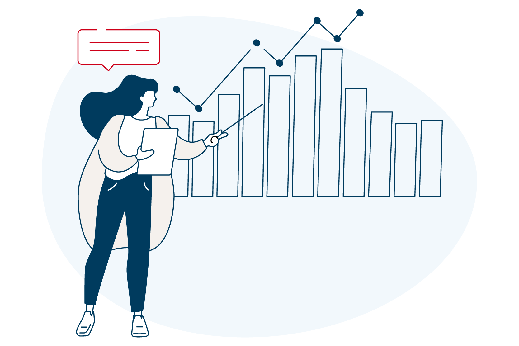 An illustration of a person holding a clipboard and pointing to a rising bar and line chart, with a speech bubble in the upper left.