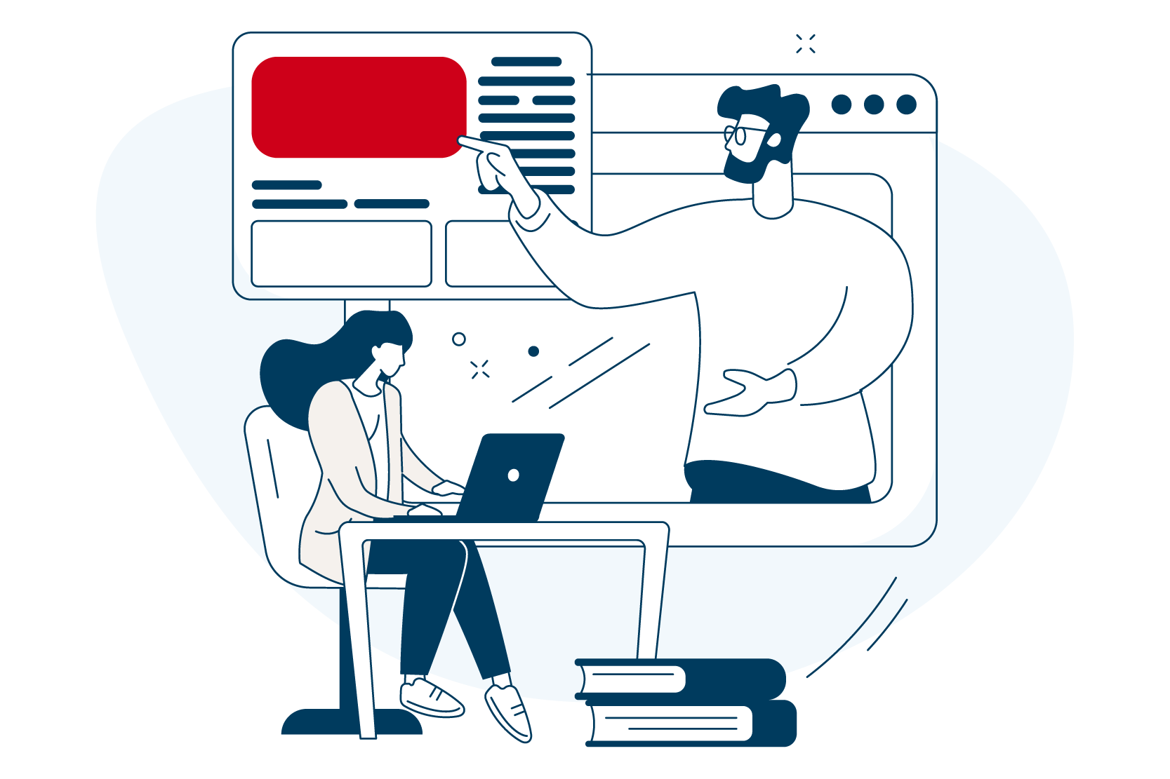 A illustration of a person sitting at a desk with a laptop while a presenter points to a screen displaying a digital dashboard page..
