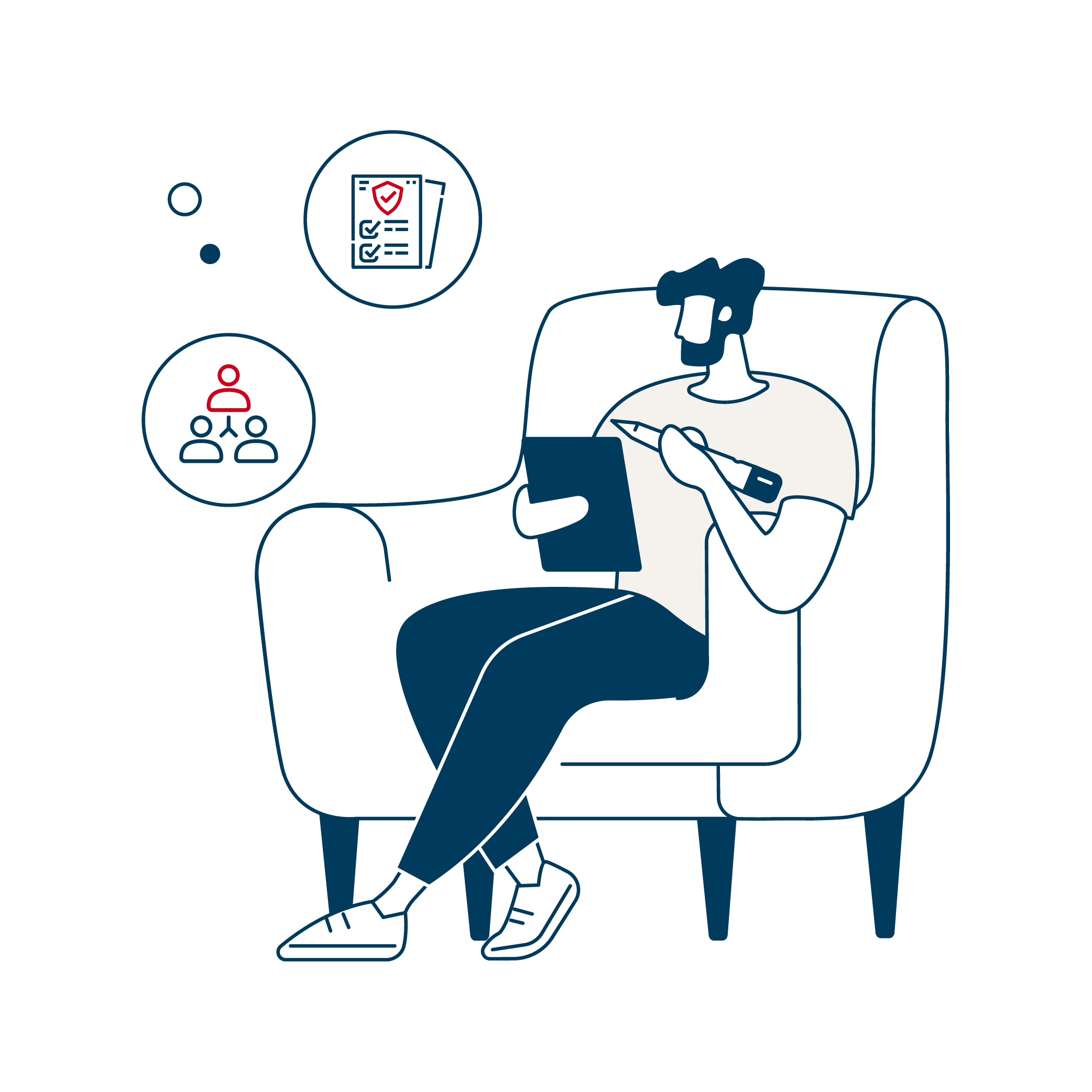 Illustration of a manager sitting in a couch, holding a notepad and pencil taking notes. Two floating icons depict a group of people connected and a document with checkmarks and a shield.