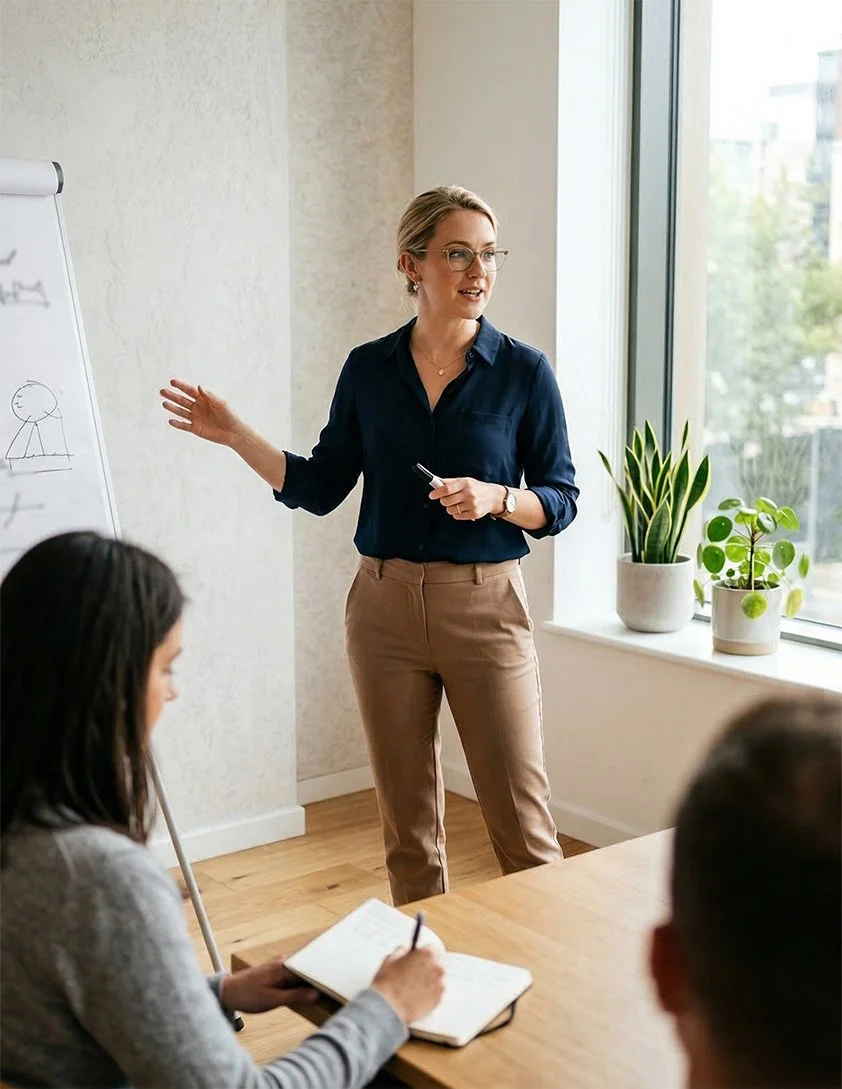 A woman presenting to a small group in a bright office setting, gesturing toward a whiteboard while attendees take notes.