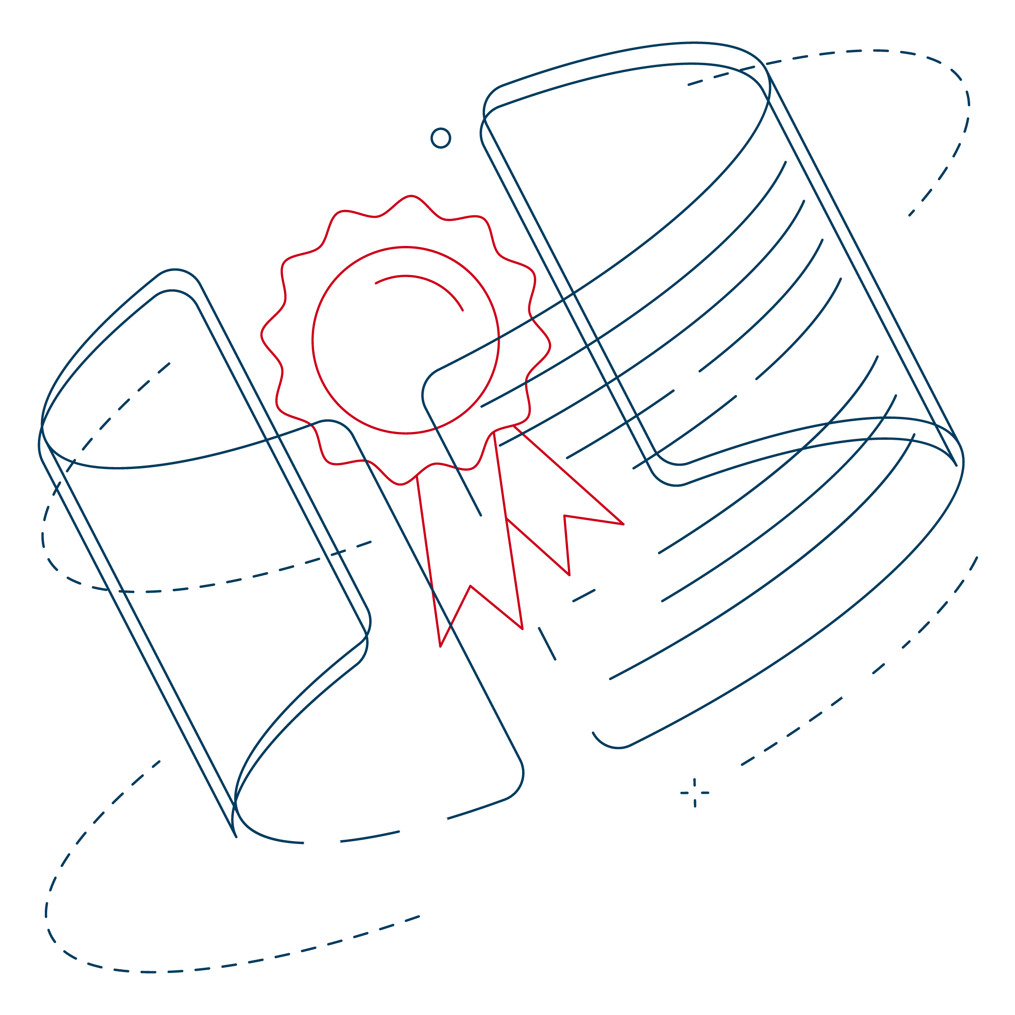 Line art illustration of a verification badge, surrounded by swirling documents.