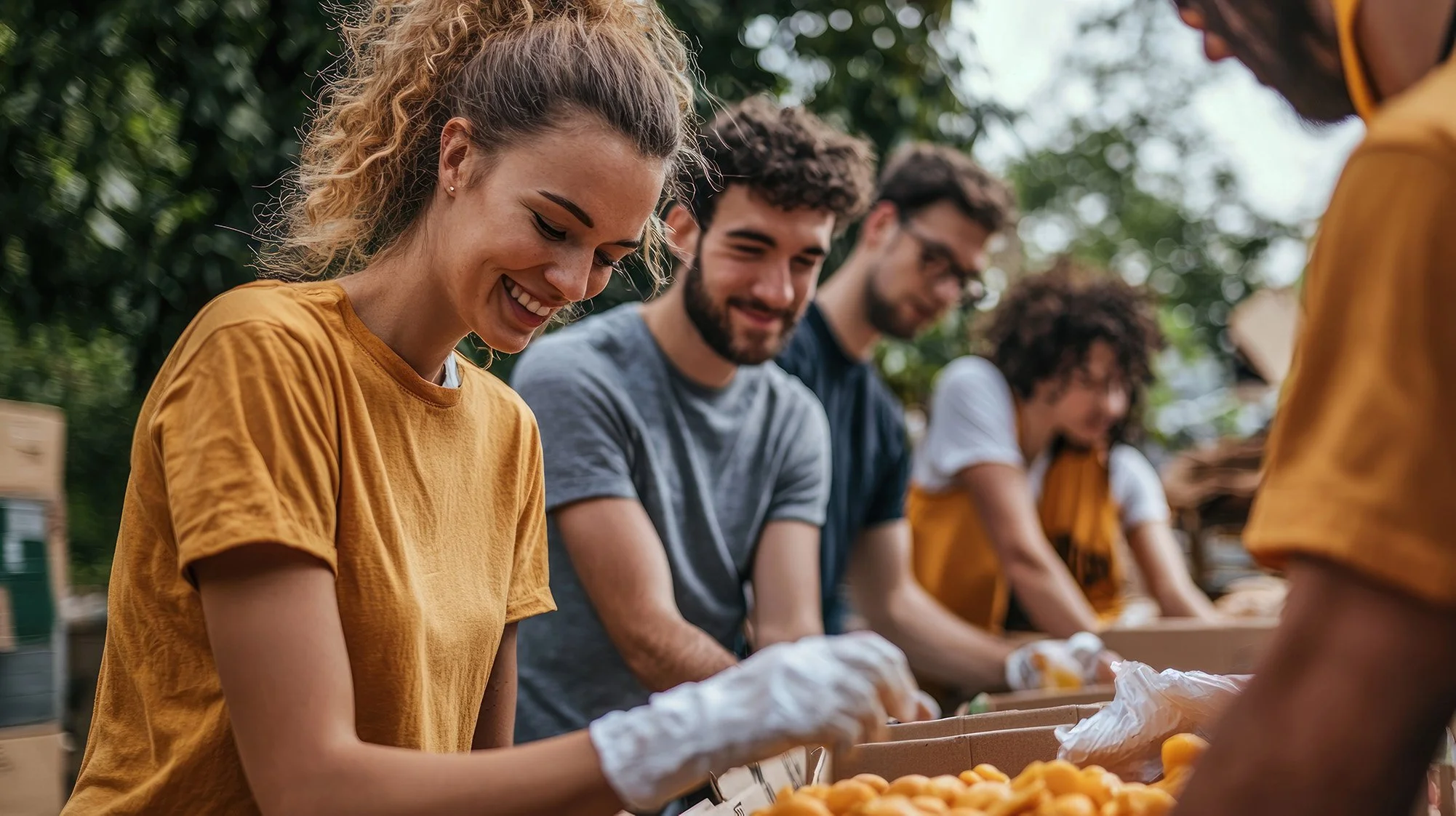 A group of smiling volunteers wearing gloves sorting food donations into boxes at an outdoor community event.
