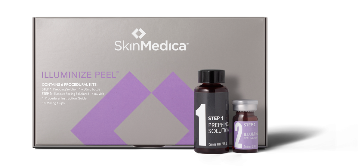 Packaging of SkinMedica Illuminize Peel, including a box, a prepping solution bottle labeled 'Step 1 Prepping Solution,' and an illuminating peeling solution vial labeled 'Step 2'.