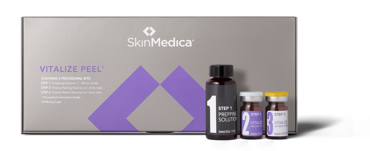 SkinMedica Vitalize Peel kit with prepping, vitalize peeling, and vitalize retinol solutions in bottles, along with mixing cups.