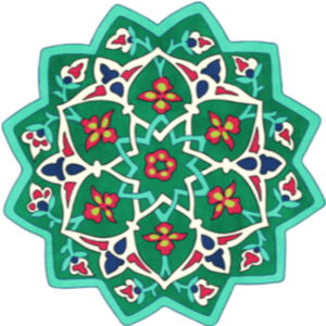 A colorful geometric tile pattern with a star-shaped design and floral motifs in shades of green, red, blue, and white.