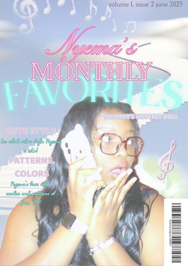 Cover of a magazine titled 'Nyema's Monthly Favorites' featuring a young girl with long black hair, glasses, and a surprised expression, holding a phone and surrounded by musical notes and colorful text.