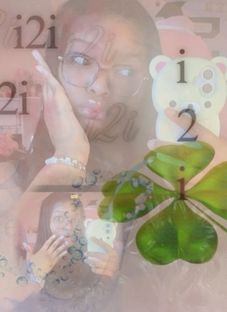 A collage of a woman taking a selfie, a teddy bear on her phone, a four-leaf clover, and overlaid clock and clock numbers elements.