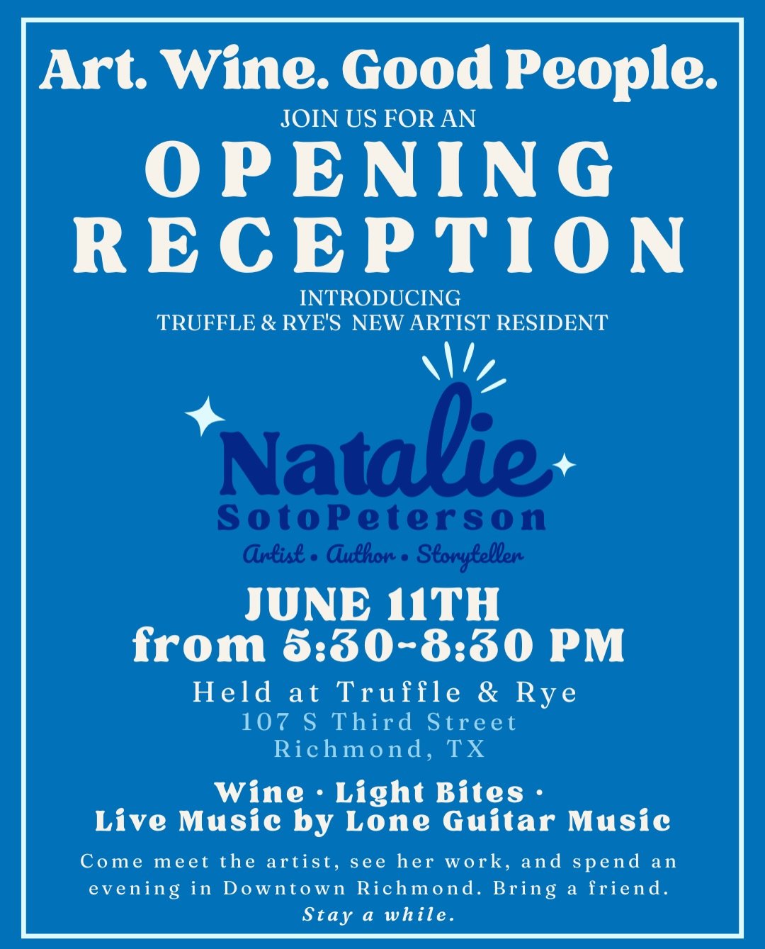 💙 This Thursday, the lovely people at @truffleandrye are hosting the opening of my artist residency at their super cool location in Richmond! Swing by! I&rsquo;d love to see ya 💙

#richmondtx #texasartist #rosenbergtx #houstontx #westernart