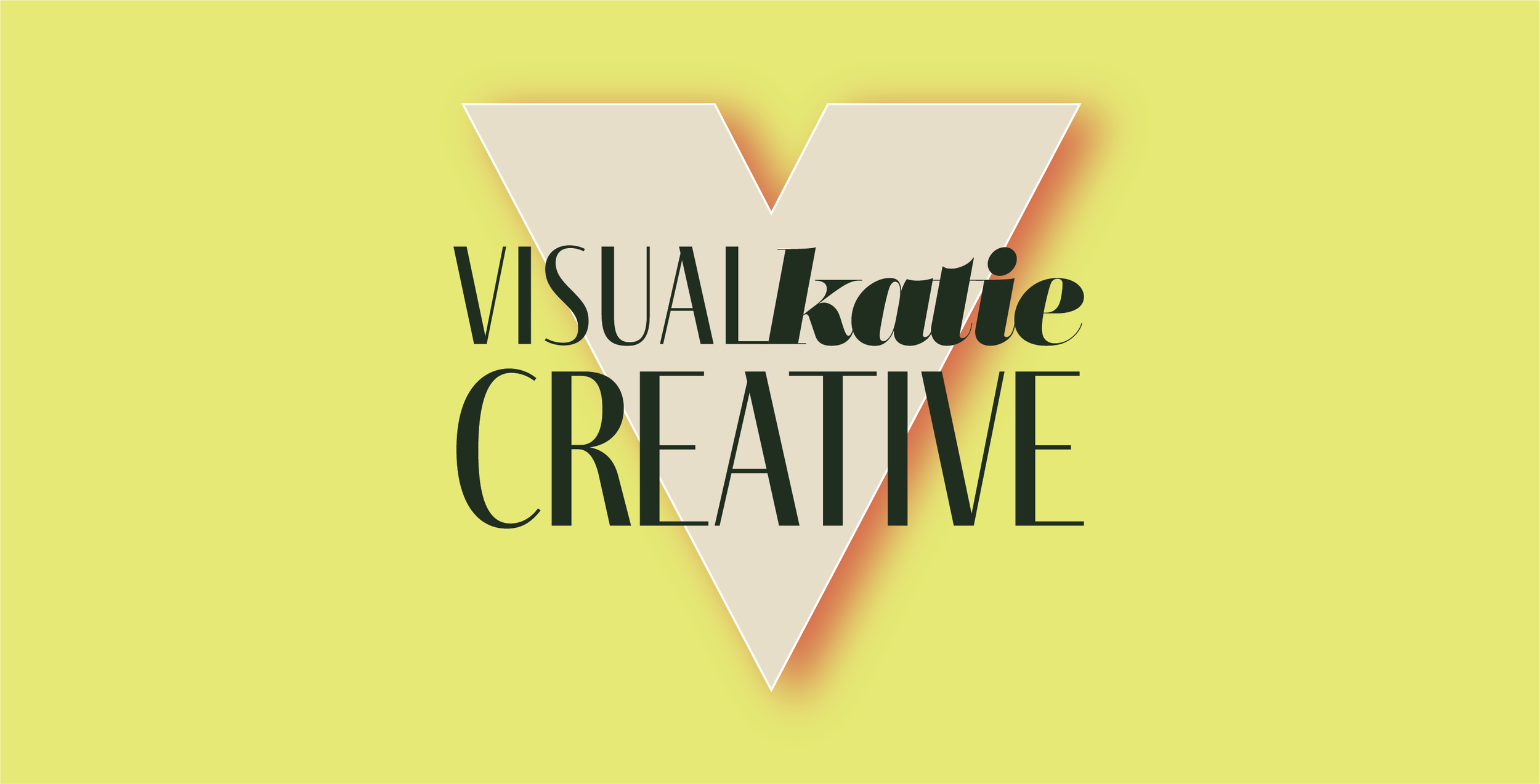 A graphic design with the words 'VISUALKatieCREATIVE' overlaid on a beige triangle with a red outline, set against a yellow background.