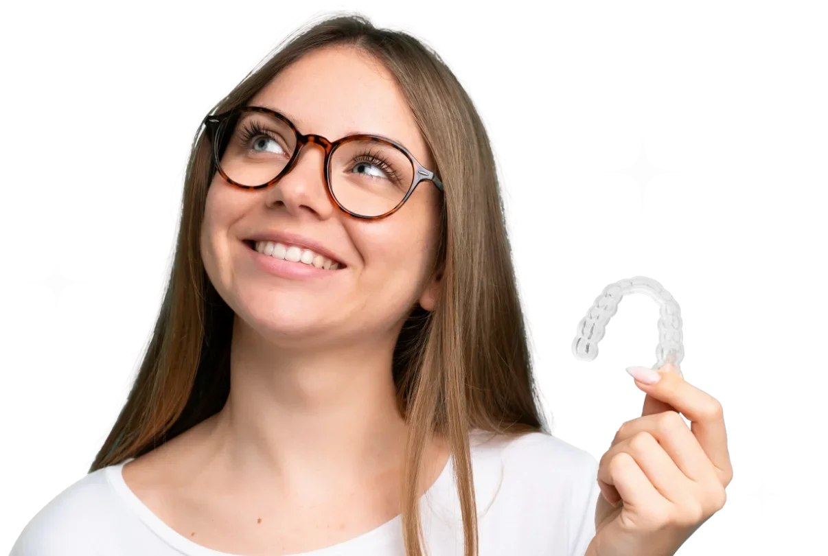 Jeune femme souriante portant des lunettes, tenant un point d'interrogation en plastique, avec des étoiles brillantes en arrière-plan.