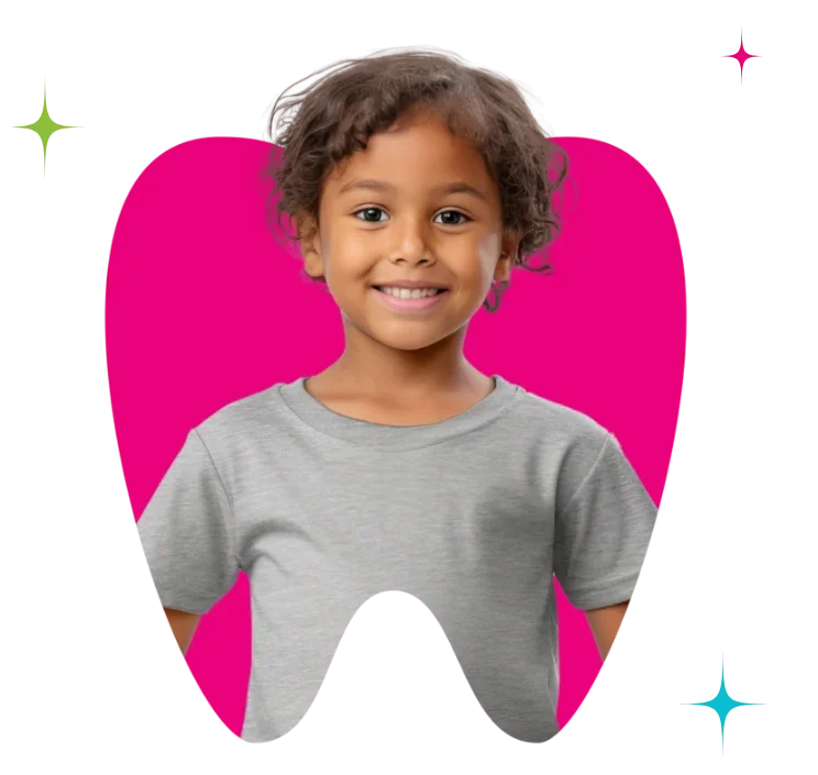 Jeune fille souriante avec un t-shirt gris, fond rose flou, décor étoilé coloré.