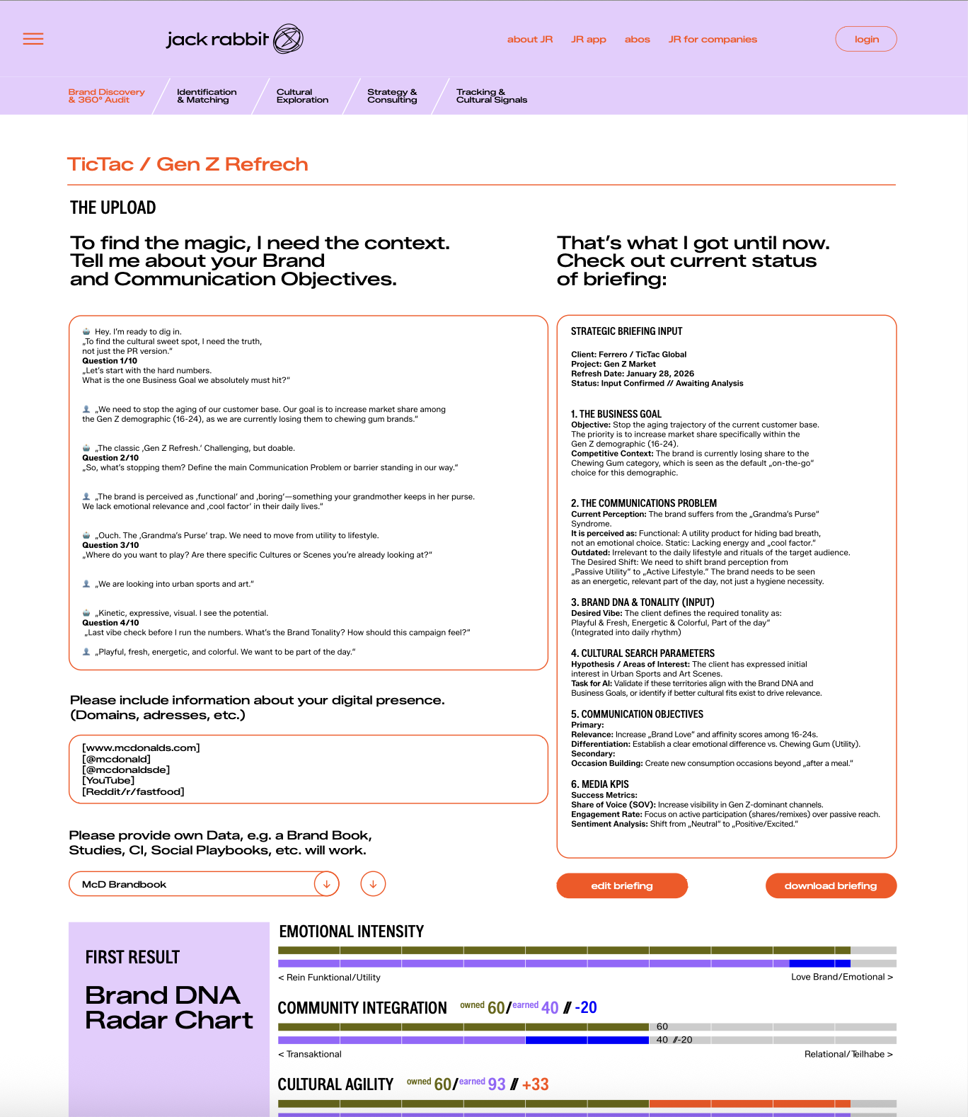 A webpage with a purple background and orange accents, showing a branding and communication strategy document for TicTac / Gen Z Refresh. The page contains text fields, tables, and graphs evaluating brand DNA, emotional intensity, community integration, and cultural agility.