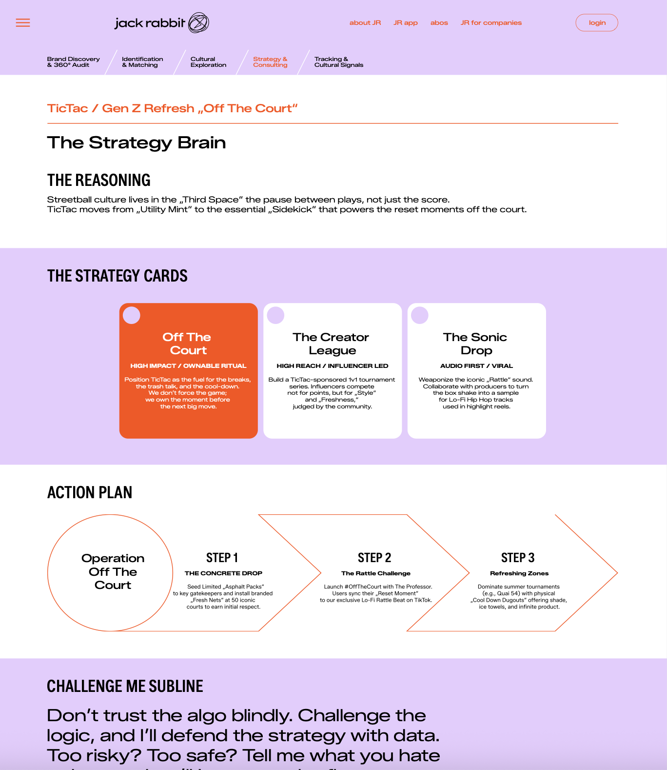 Screenshot of a webpage from Jack Rabbit, showing a section about TicTac / Gen Z Refresh titled 'Off The Court.' It has strategy cards including 'Off The Court,' 'The Creator League,' and 'The Sonic Drop,' as well as an action plan with steps and a challenge subline in a purple section.