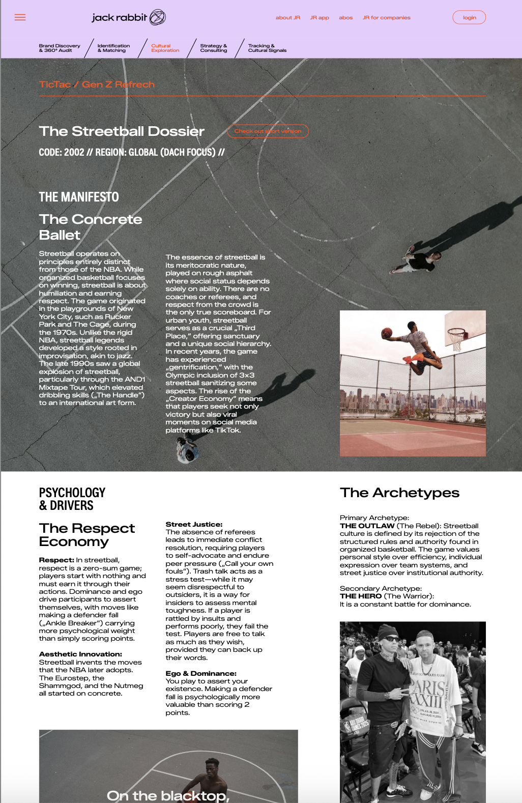 A webpage about streetball basketball, featuring a basketball court aerial shot with a player jumping for the ball, and a black-and-white photo of people at a street event.