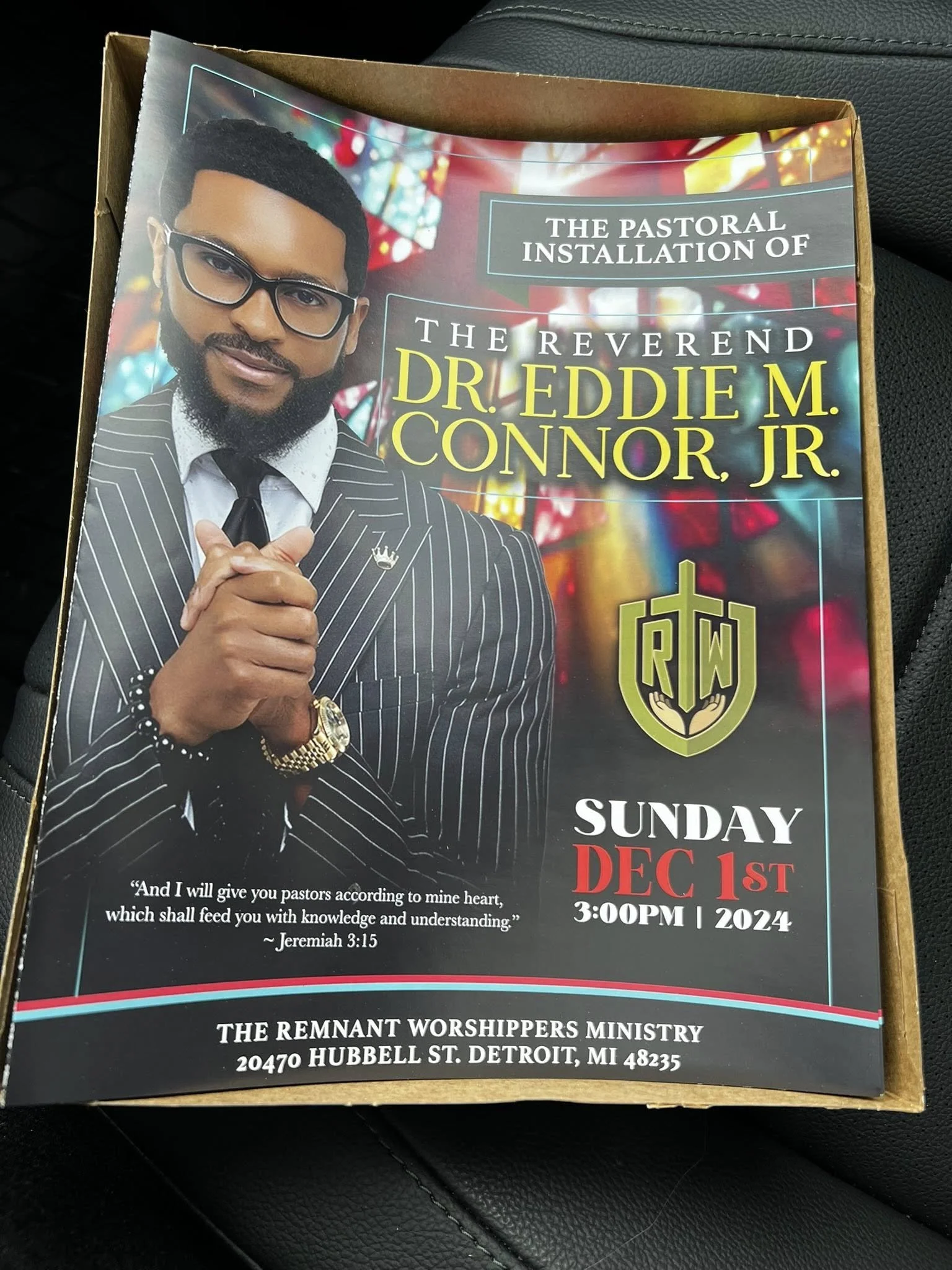 Flyer for a church event featuring Reverend Dr. Eddie M. Connor Jr. scheduled for Sunday, December 1st, 2024 at 3:00 PM at The Remnant Worshippers Ministry in Detroit, MI, with a quote from Jeremiah 3:15.
