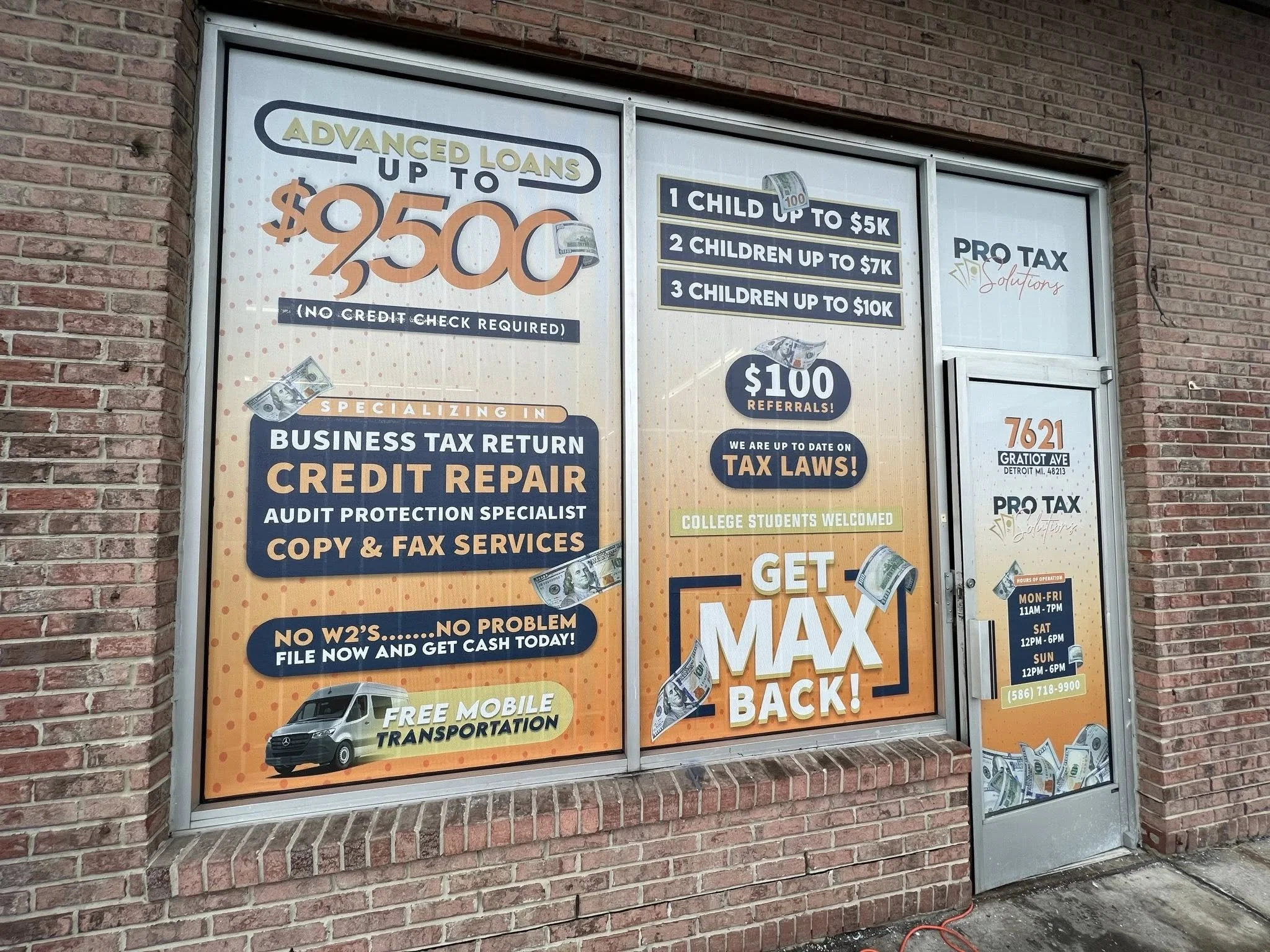 Sign advertising loan and tax services at Pro Tax Solution, including up to $9500 loans with no credit check, specializing in business tax return, credit repair, audit protection, copy and fax services, and cash pickup. Also promotes referrals, tax l