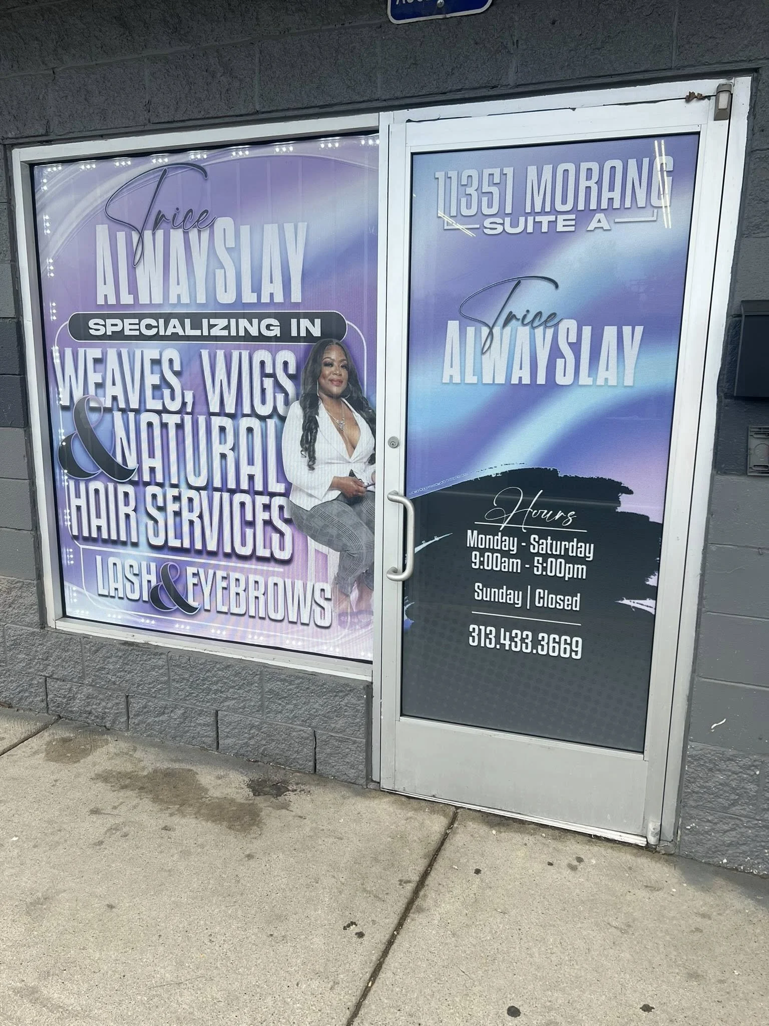 Sign for a hair salon with the name 'Trice Always Slay' at 11351 Morang Suite A. The sign states the salon specializes in waves, wigs, natural hair, lash and eyebrow services. Hours are Monday-Saturday 9:00 am to 5:00 pm, closed on Sunday. Phone numb