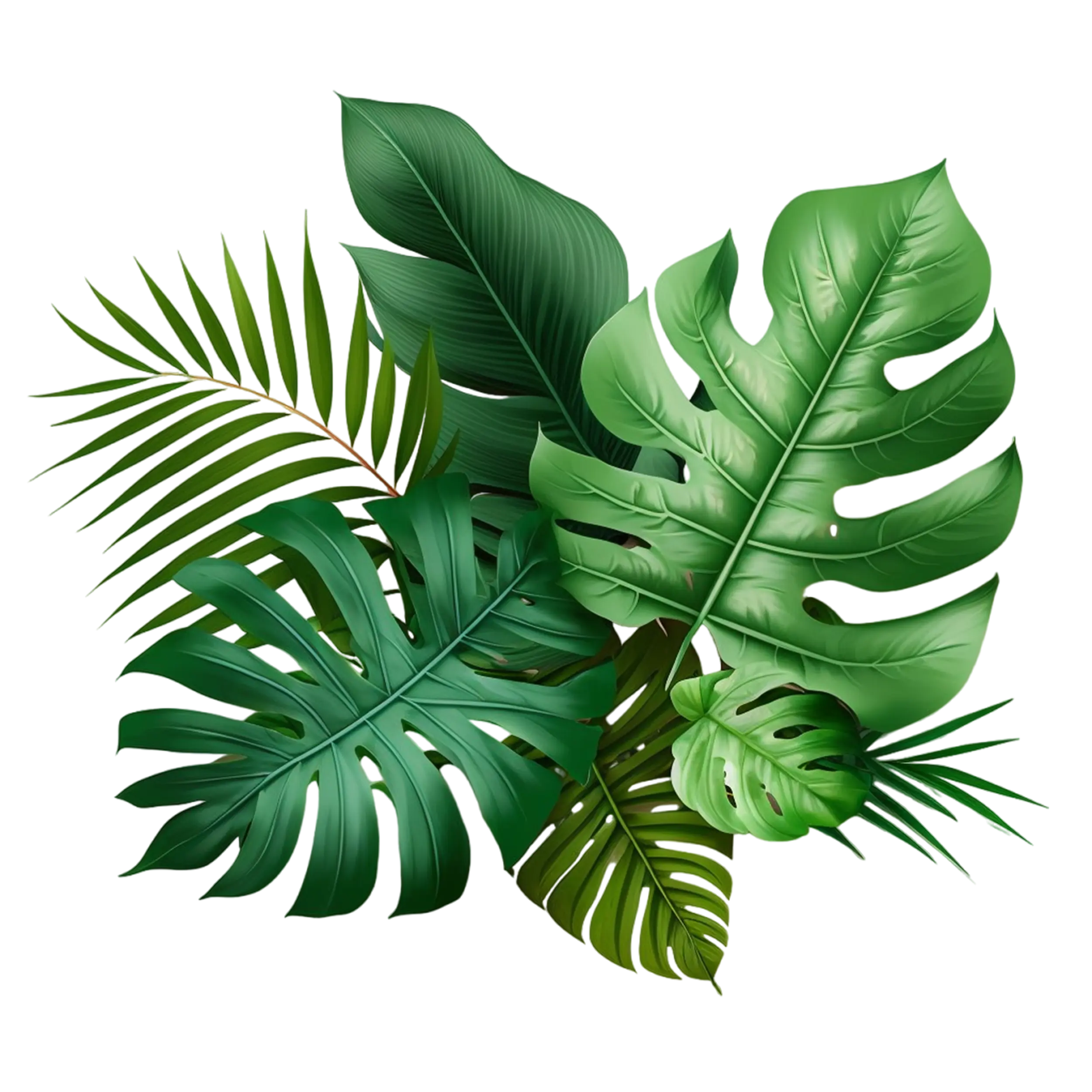 A collection of various green tropical plant leaves, including monstera and palm leaves.