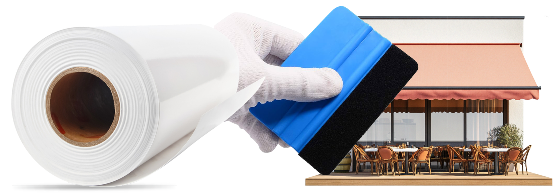 A cleaning hand in a white glove holding a squeegee and a roll of white adhesive shelf liner with a small piece of paper against a background of an outdoor cafe with a red awning and chairs.