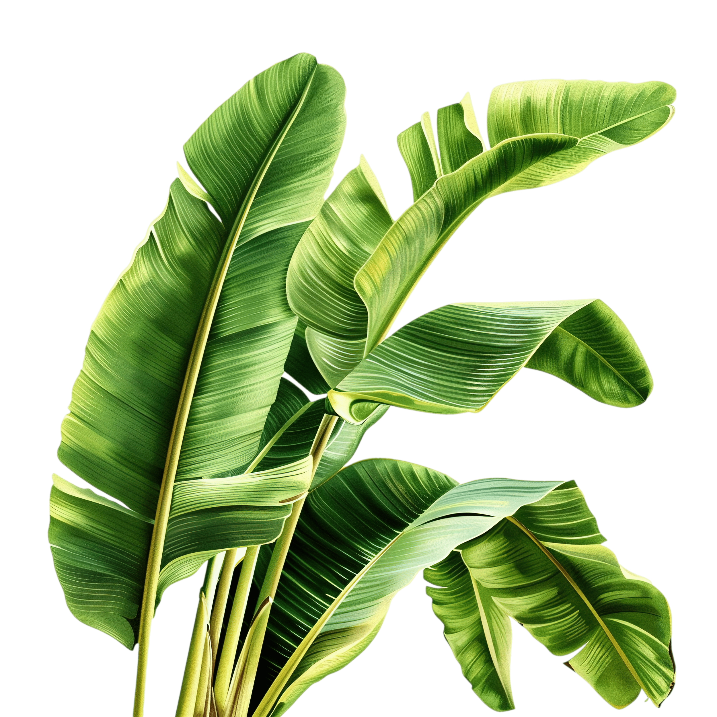 Close-up of banana plant leaves with vibrant green color and detailed veins, isolated on black background.