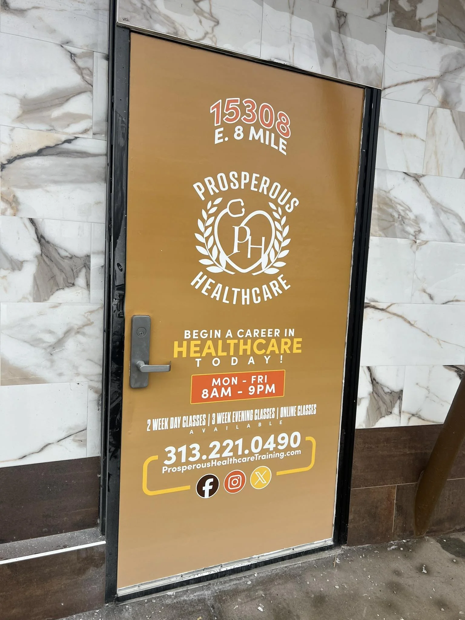 Advertisement for Prosperous Healthcare training center with contact info, featuring their hours and social media icons.
