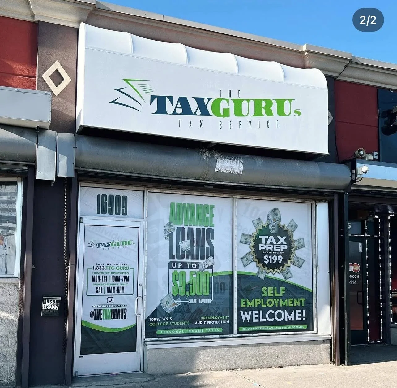  storefront with signs advertising tax services, including tax preparation, income taxes, and employment. The signs mention college student discounts, unemployment, and offer cash up to $1,500, with hours listed as Monday to Friday 10am to 7pm, Satur