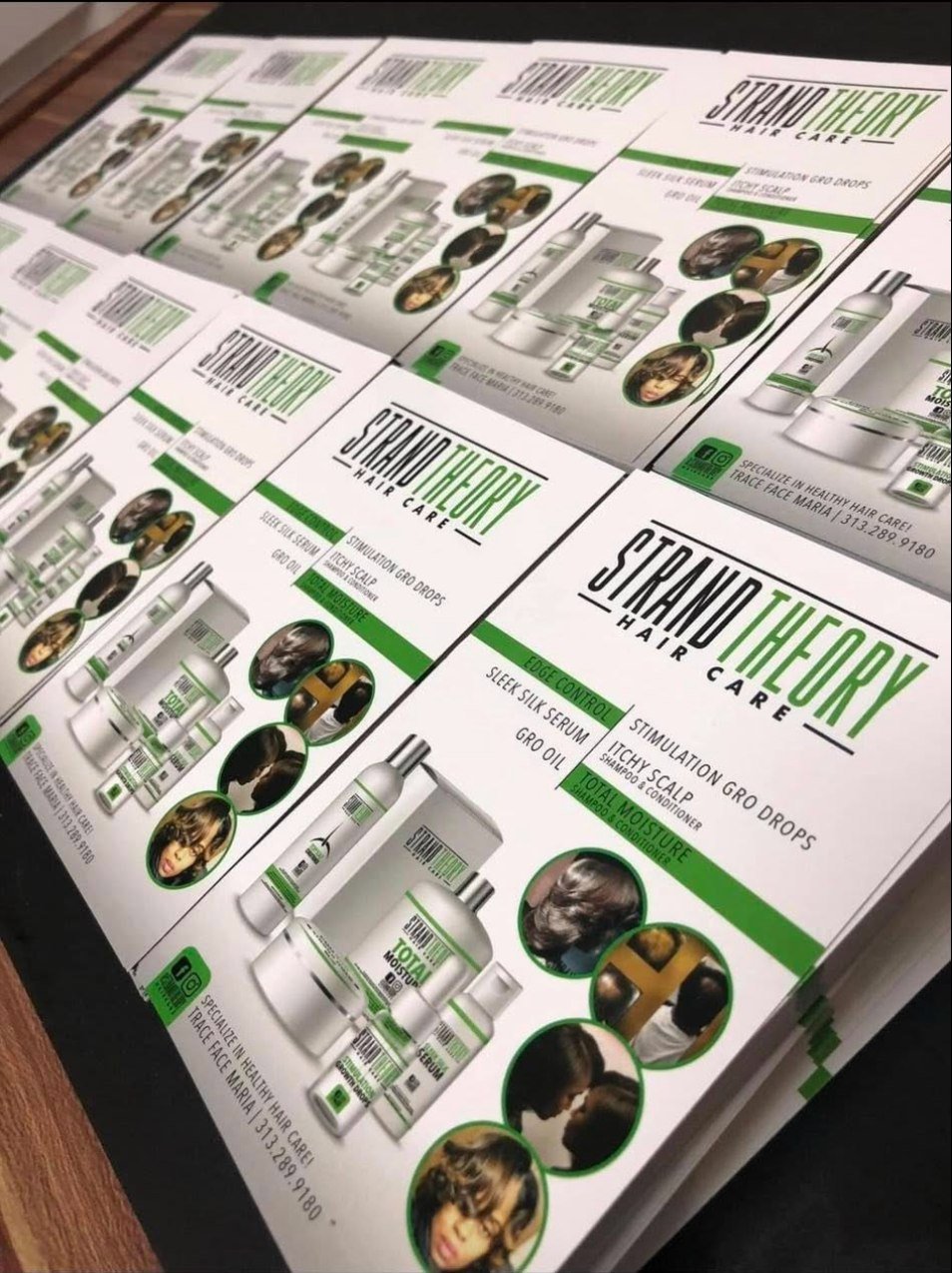 Promotional flyers for Strano Therapy Hair Care featuring various hair care products, before-and-after images, and contact information.