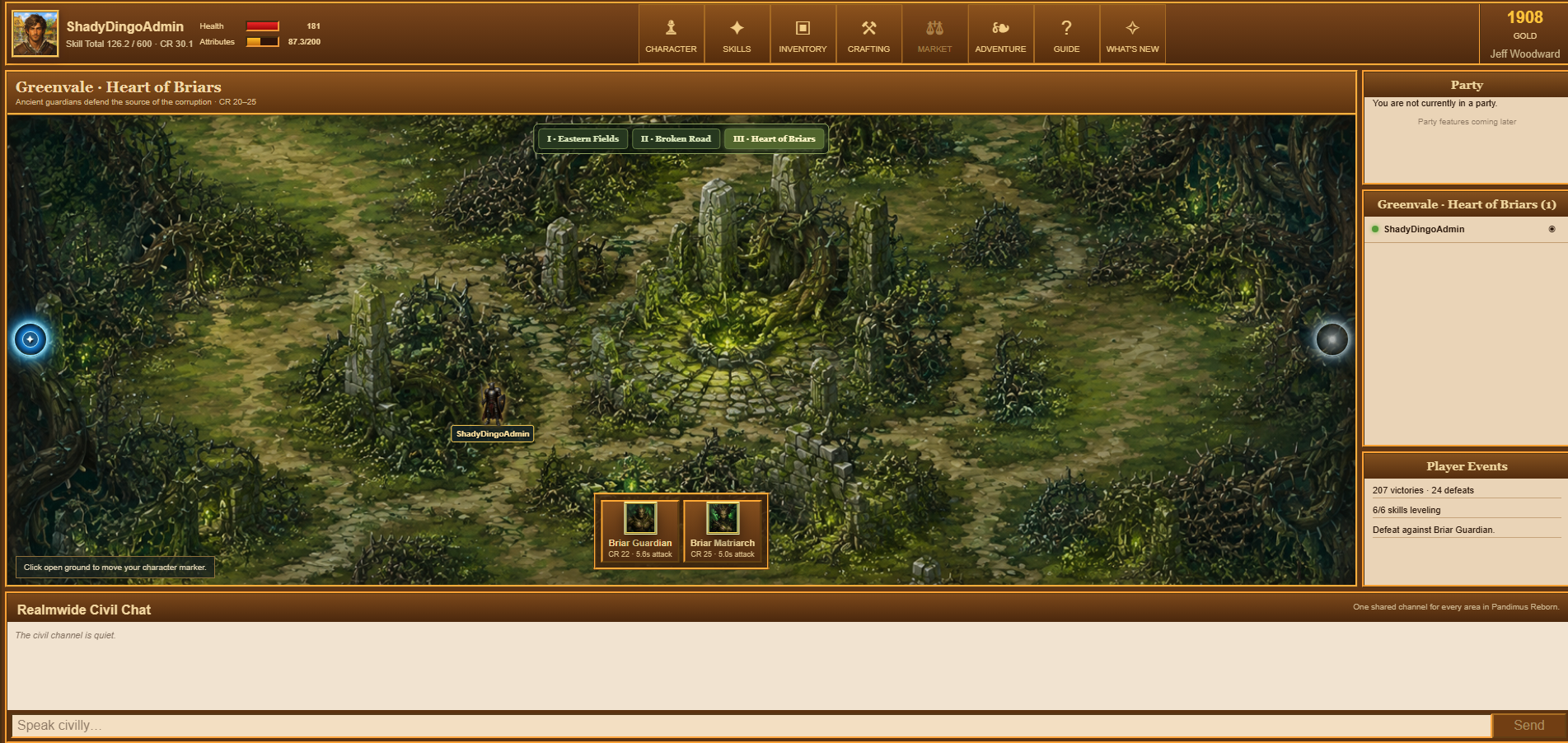 Screenshot of an online fantasy game map showing a lush, overgrown area called Greenvale - Heart of Briars with ancient ruins, dense vegetation, and game characters I - Eastern Fields, II - Broken Road, III - Heart of Briars. The game interface displays character info, skills, inventory, crafting, and player stats.