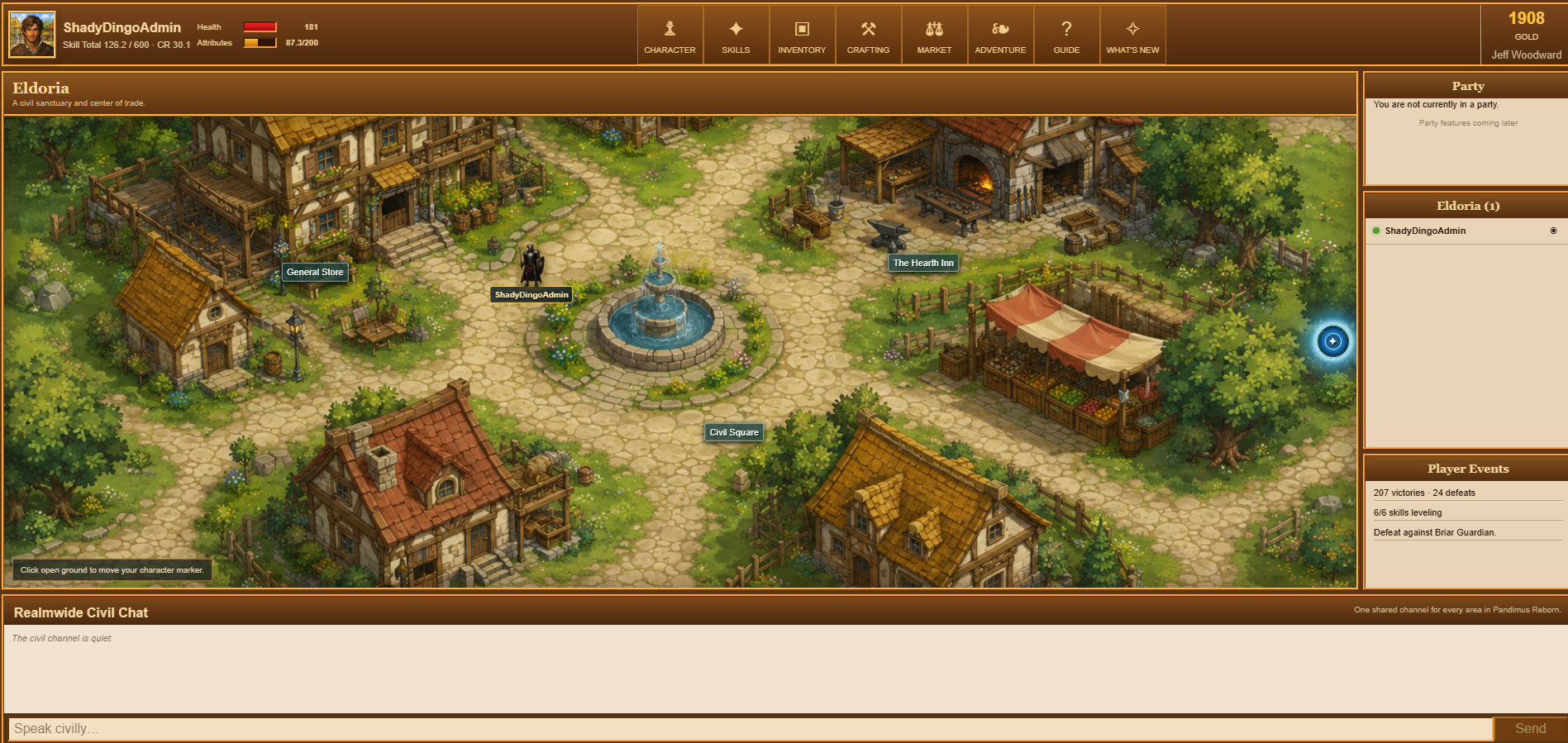 Artwork of a medieval fantasy village with houses, a fountain in the center labeled Civil Square, market stalls, trees, and a fireplace, with a user interface overlay indicating game features and chat box.