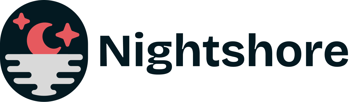 Nightshore logo with a crescent moon, two stars, and stylized water waves.