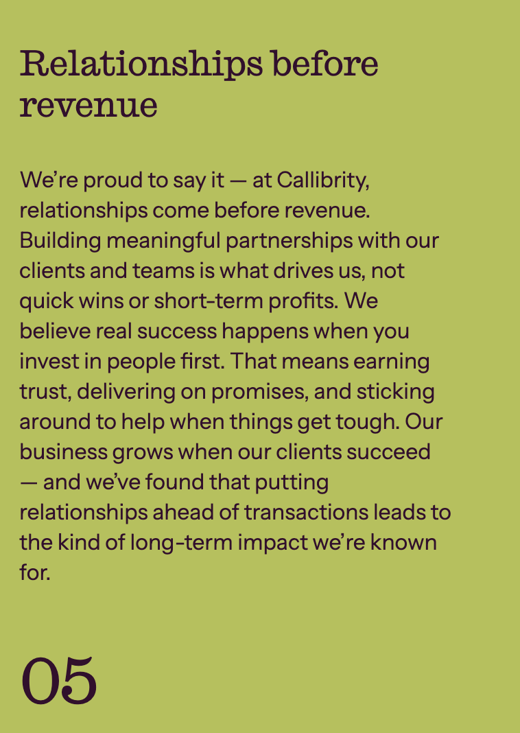 Green background with purple text discussing relationships and value over revenue, emphasizing trust, partnerships, and long-term impact. Number 05 at the bottom.