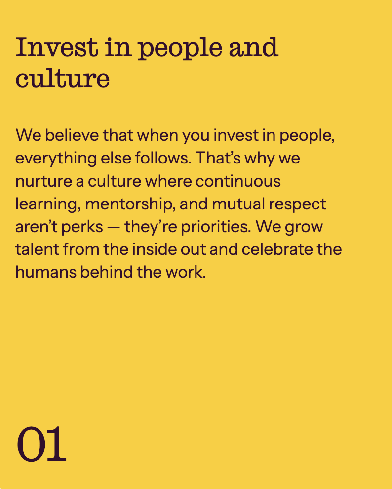 Yellow background with dark purple text emphasizing the importance of investing in people and culture, including a paragraph about nurturing a culture of continuous learning, mentorship, and mutual respect, and a large number '01' at the bottom left corner.