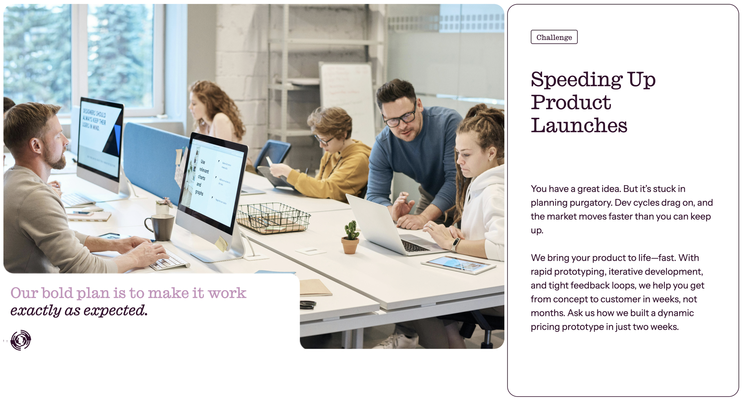 A team of five people working together in an office with large windows, computers, and bright lighting, engaging in a collaborative discussion.