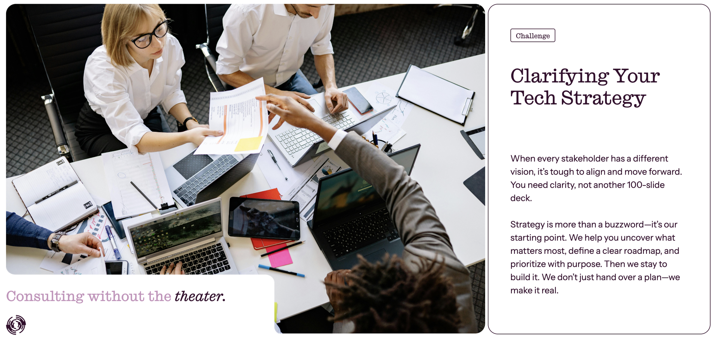 A top view of a business meeting with three people around a table, working with laptops, documents, and notebooks, with a focus on a woman handing a document to a man. The right side features a text block titled 'Clarifying Your Tech Strategy' with a description about alignment and strategy in business.
