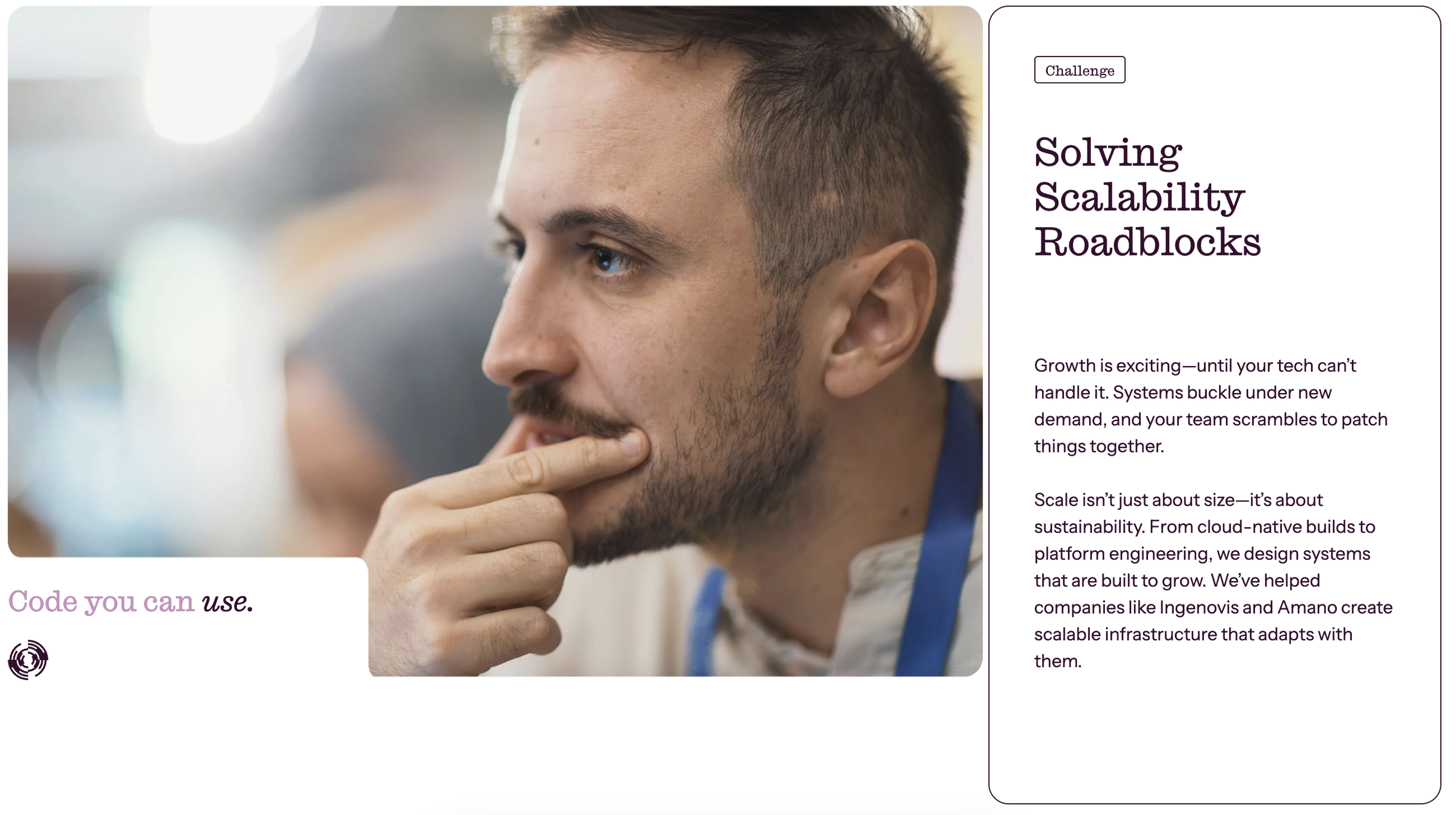 A man with brown hair and a beard looking thoughtfully, with his finger on his lips, in front of a blurred background, part of a webpage layout discussing solving scalability roadblocks.