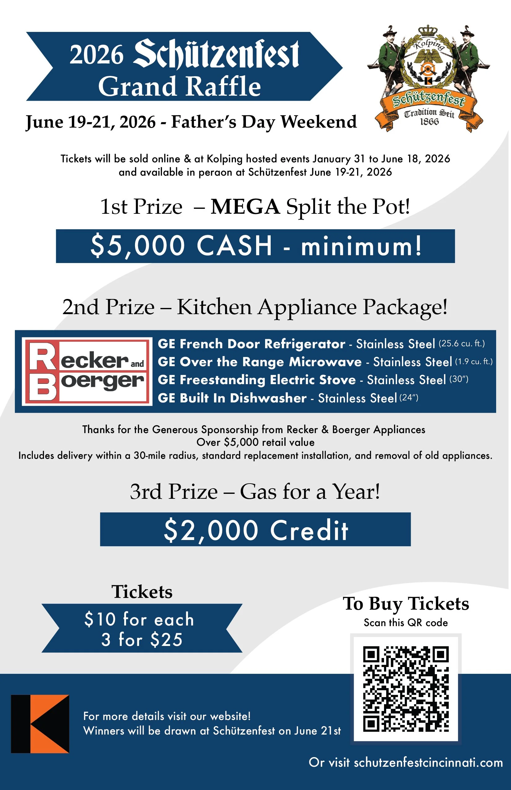 Poster for the 2026 Schützenfest Grand Raffle, held June 19-21 during Father's Day Weekend. Offers prizes including $5,000 cash, a kitchen appliance package, and gas for a year, with tickets at $10 each or 3 for $25. Contains a QR code for ticket purchase and mentions a drawing on June 21. Includes logo and sponsorship info.