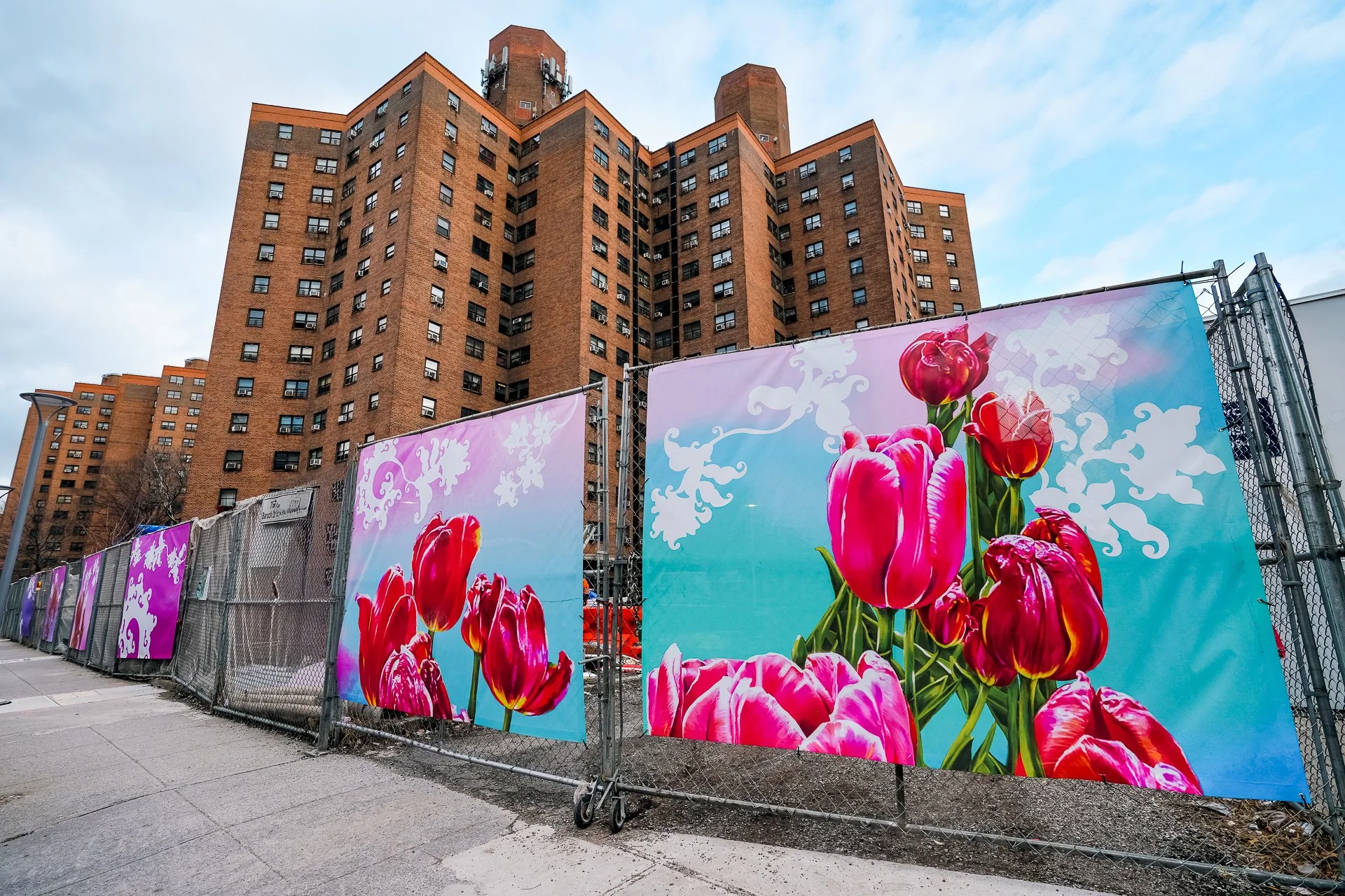 Colorful banners with pink tulip flowers and white decorative patterns in front of a large brick apartment building.