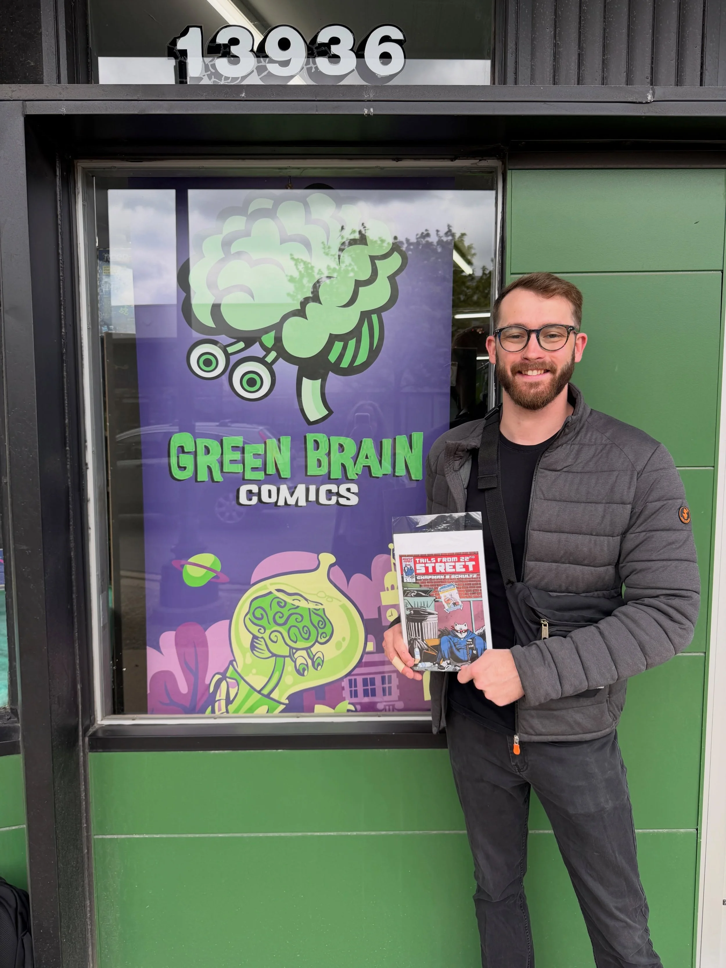 So stoked to be on the shelves at @greenbraincomics alongside some other sick indie comics and zines 🧠 

Drop by the shop soon to get your fill of our new &ldquo;climate-punk&rdquo; story featuring DIY crime fighting squirrel, Shadetail 🐿️