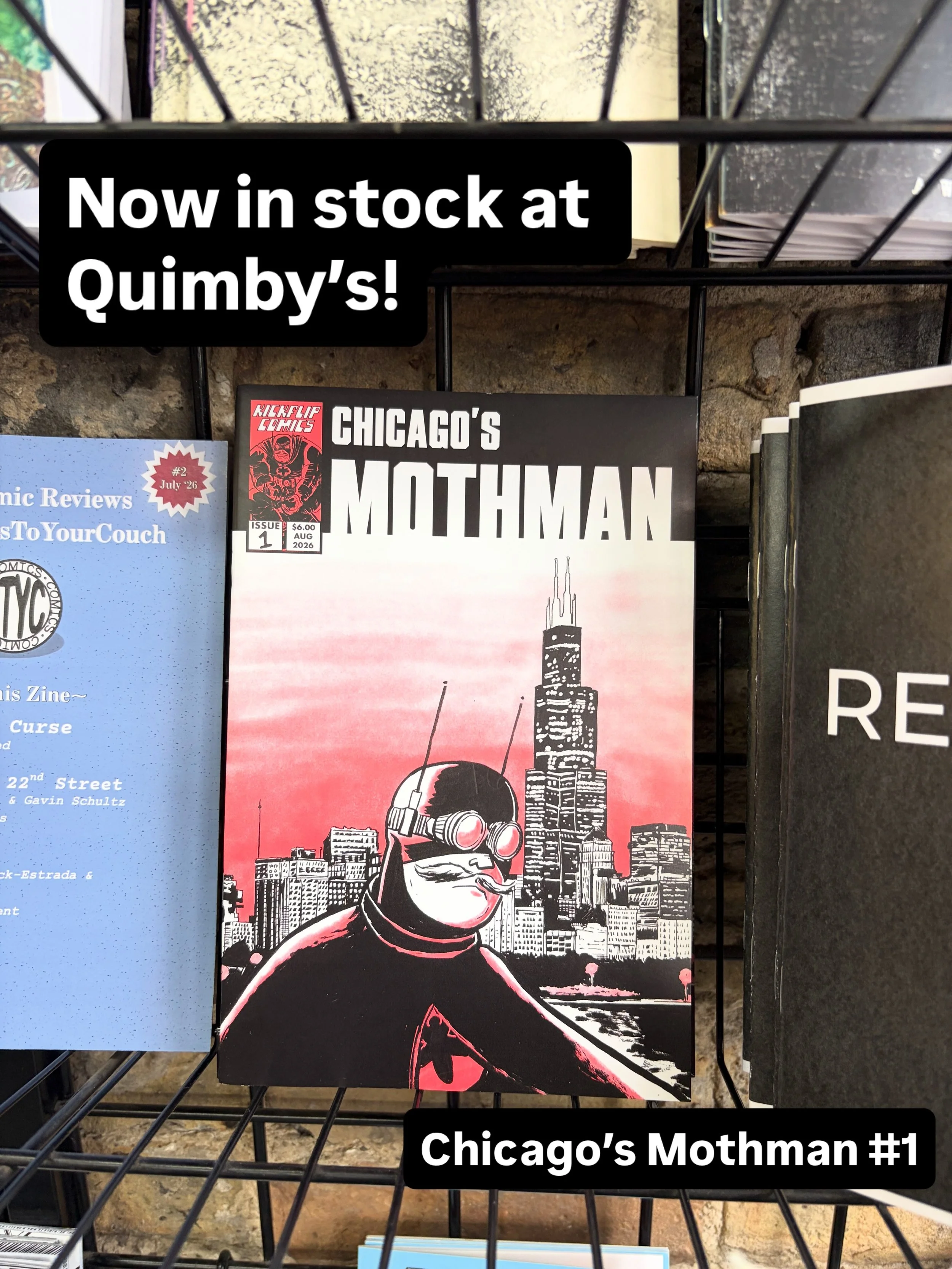 Our indie comic about the Mothman of Chicago is now in stock at @quimbysbookstore ❤️

While you&rsquo;re there, check out the latest @comicstoyourcouch zines&mdash;one of them reviews our other comic TAILS FROM 22ND STREET!

#indiecomics #quimbysbook