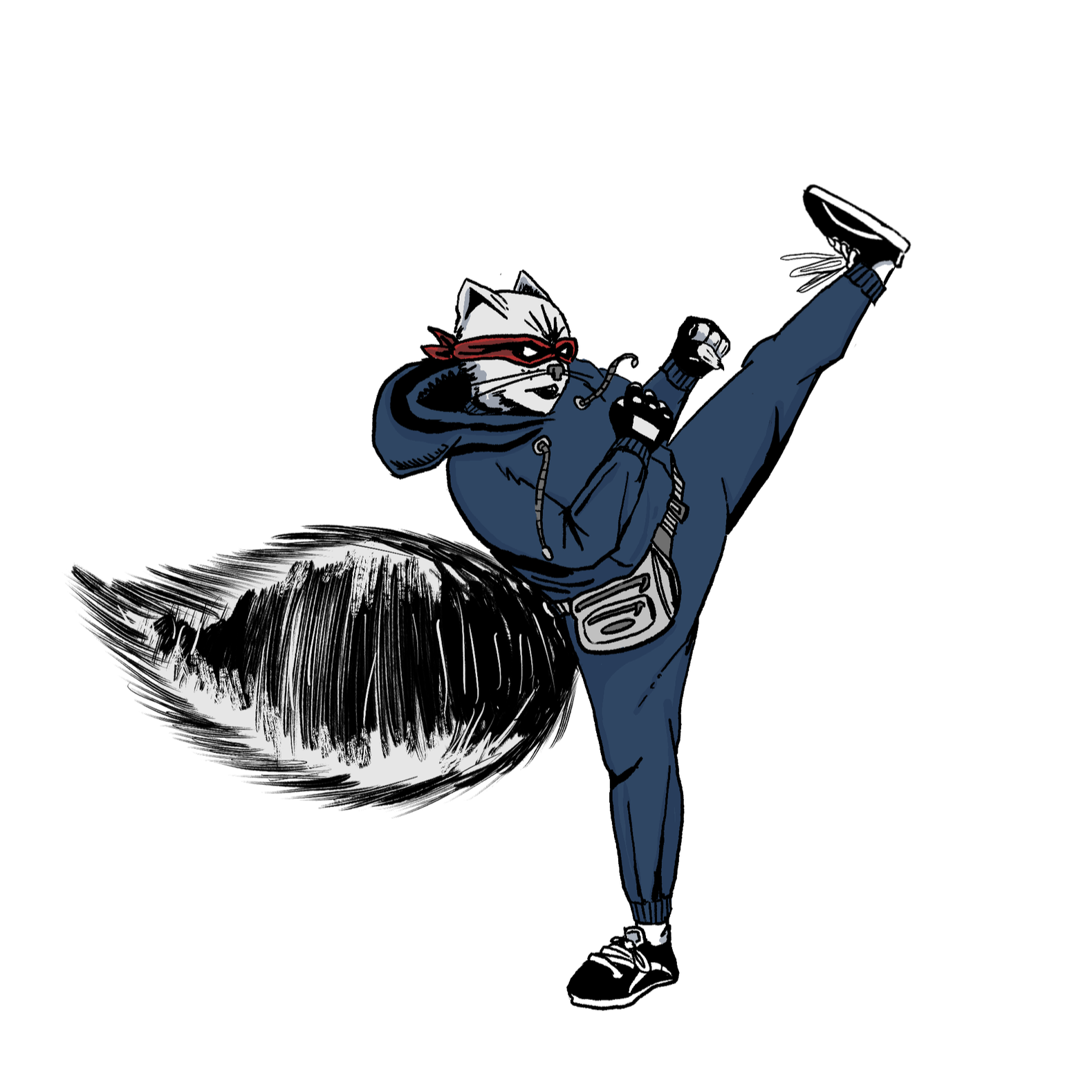 A cartoon squirrel, Shadetail, the main character from Tails From 22nd Street, is performing a high kick, wearing a dark blue hoodie, matching pants, black gloves, a red mask, and white shoes with black stripes.