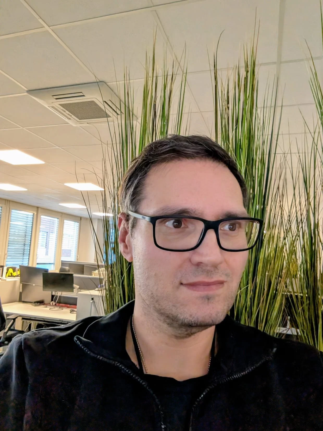 Ein Mann trägt schwarze Brille und schwarze Jacke, steht vor einer Pflanze im Büro, hinter ihm sind Arbeitsplätze mit Computern und Fenstern.